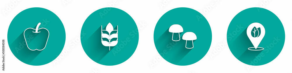 Set Apple, Wheat, Mushroom and Location with leaf icon with long shadow. Vector Set Apple, Wheat, Mushroom and Location with leaf icon with long shadow. Vector