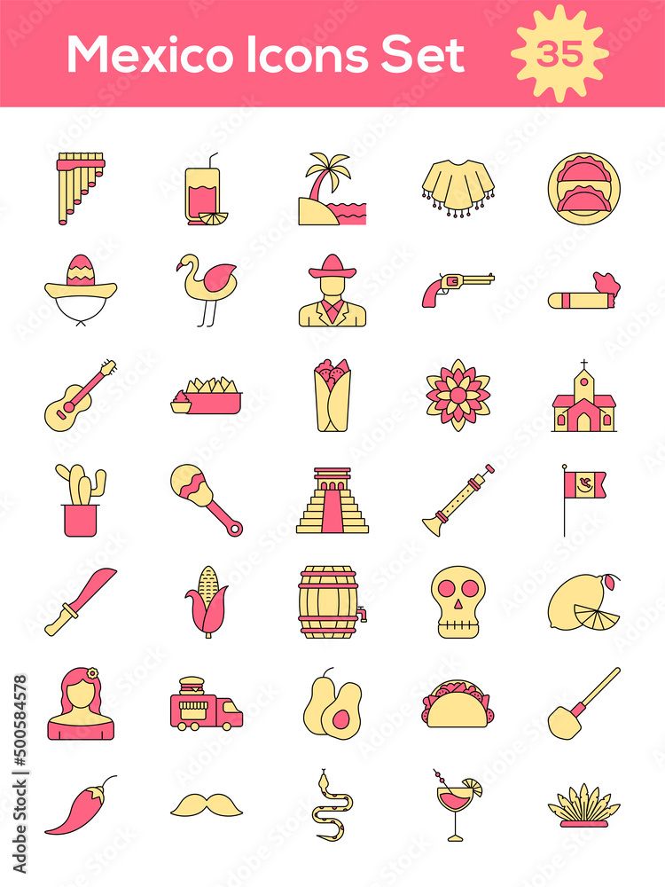 Flat Style Mexico Icon Set In Yellow And Red Color.