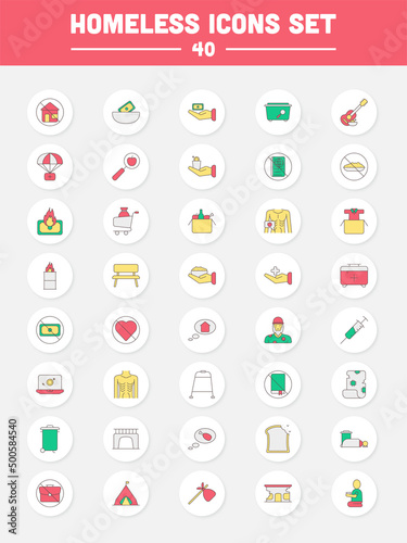 40 Colorful Homeless Circle Icon Set In Flat Style.