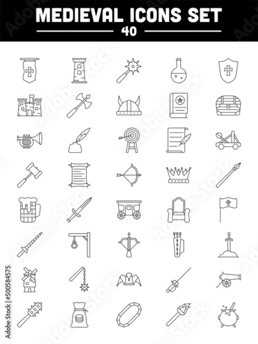 Set Of Medieval Black Stroke Icon Or Symbol.