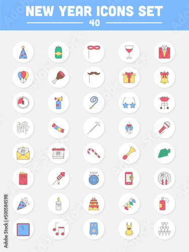 Colorful Set Of New Year Flat Icons On Circle Background.