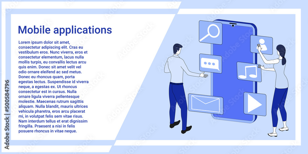 Mobile applications.People use applications installed on a smartphone.An illustration in the style of the landing page is blue. Mobile applications.People use applications installed on a smartphone.An illustration in the style of the landing page is blue.