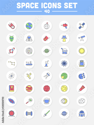 Colorful Space Icon Set On Circle Background.