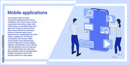 Mobile applications.People use applications installed on a smartphone.An illustration in the style of the landing page is blue.