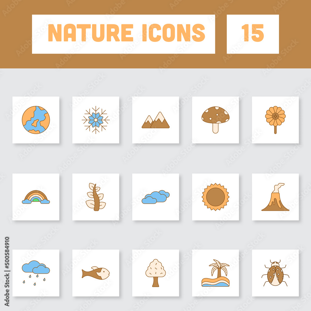 Colorful Nature Icon Set On Square Background.