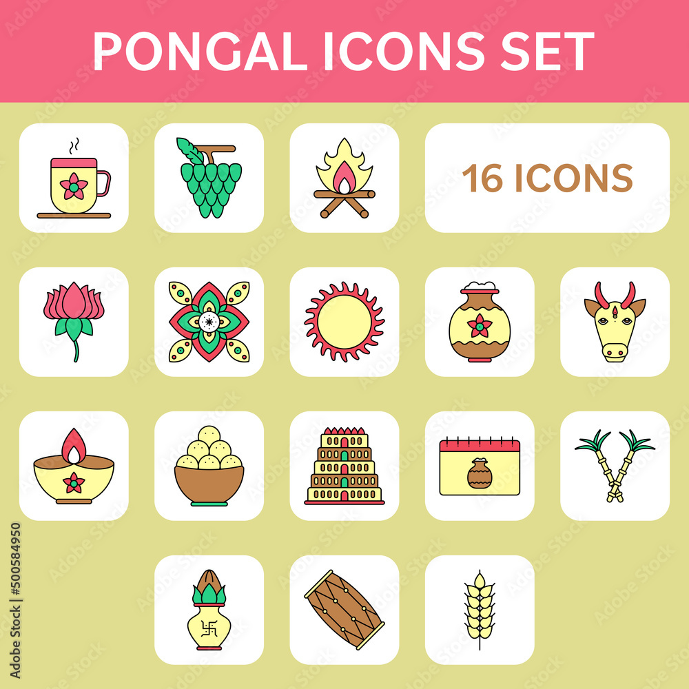 Colorful Pongal Icon Or Symbol Set.
