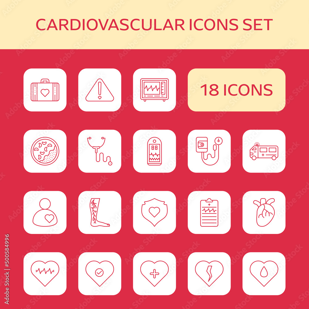 Red Line Art Set Of Cardiovascular Sqaure Icon