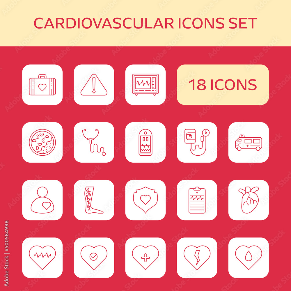 Red Line Art Set Of Cardiovascular Sqaure Icon Red Line Art Set Of Cardiovascular Sqaure Icon