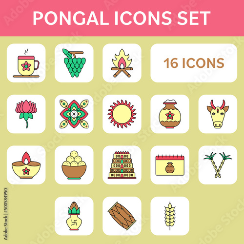 Colorful Pongal Icon Or Symbol Set. photo