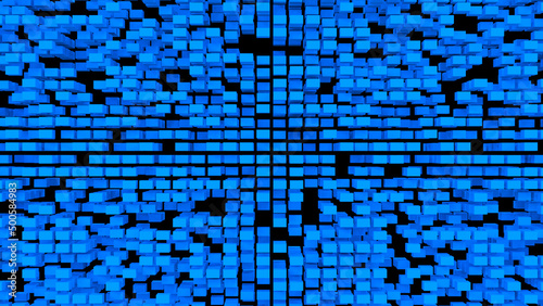 An uneven wall of blue flying cubes on a black background. Textured background with blue elements. 3D illustration. 3D rendering. 3D image.