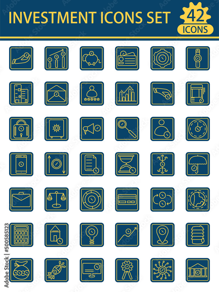 Set Of Yellow Linear Style Investment Icons On Blue Square Background. Set Of Yellow Linear Style Investment Icons On Blue Square Background.