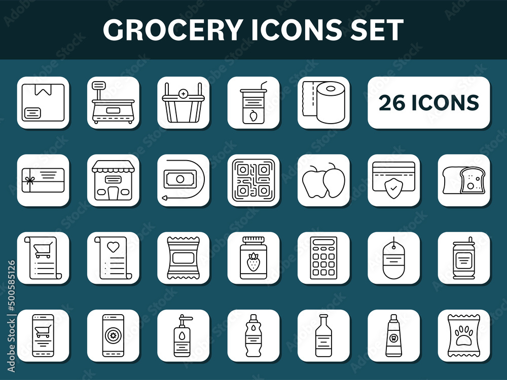 Black Line Art Grocery Icons On White and Teal Square Background.