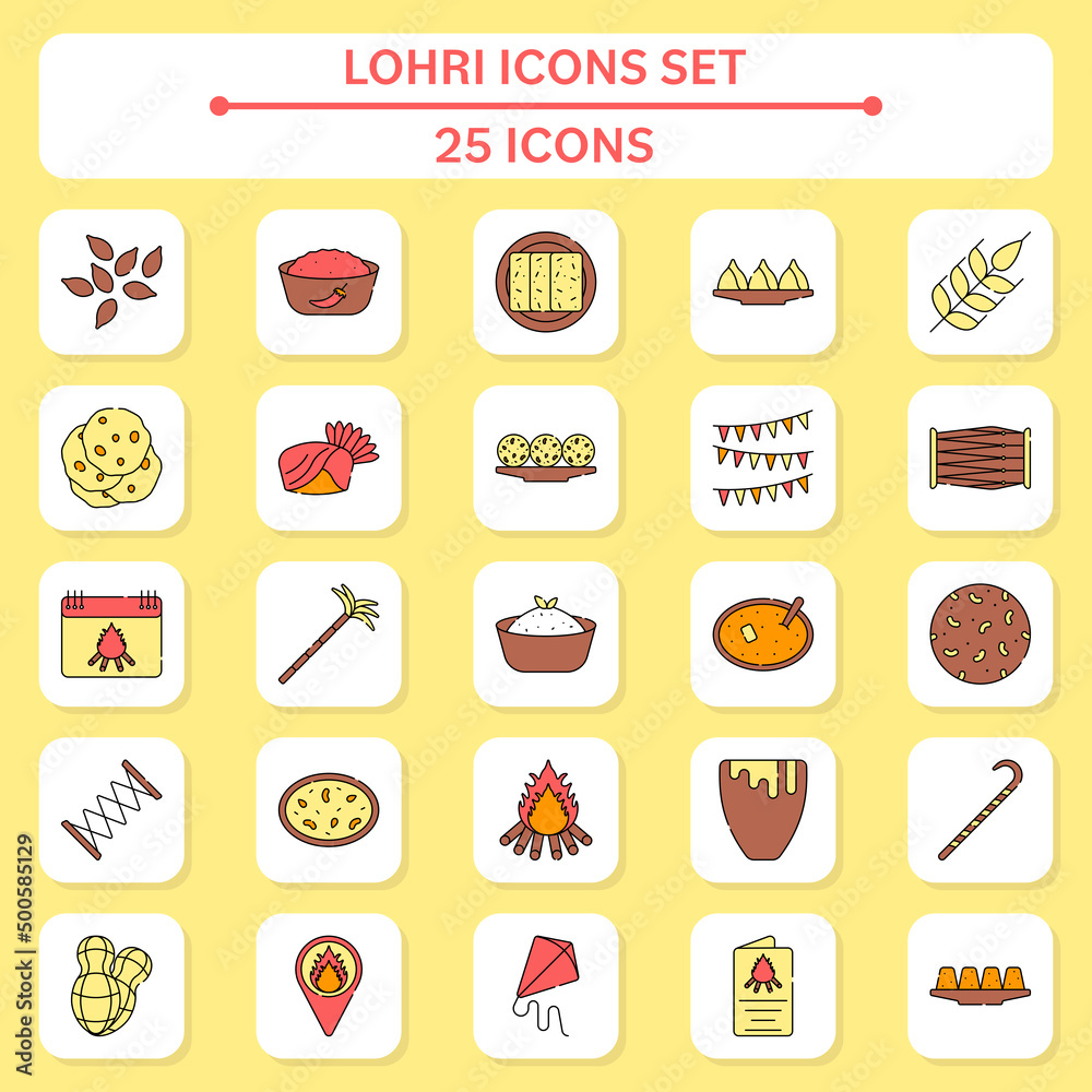 Colorful Lohri Icon Set On Square Background. Colorful Lohri Icon Set On Square Background.