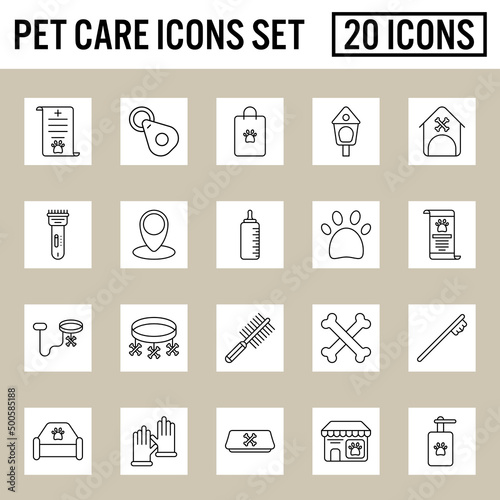 Black Outline Pet Care Icons On Grey And White Square Background.