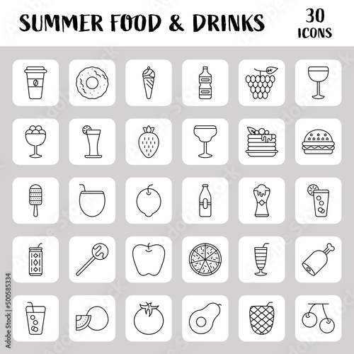 Black Stroke Summer Food & Drinks Icon Set.