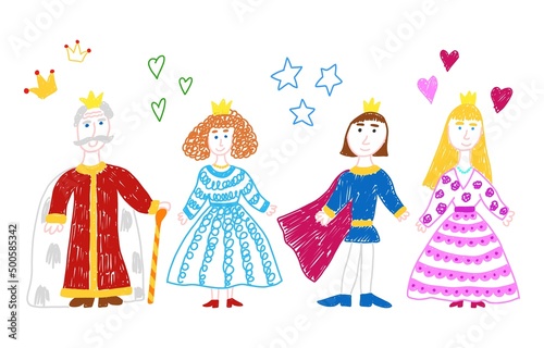 Princess, prince, queen and king doodle set. Royal family from fairy tale. Children's drawing