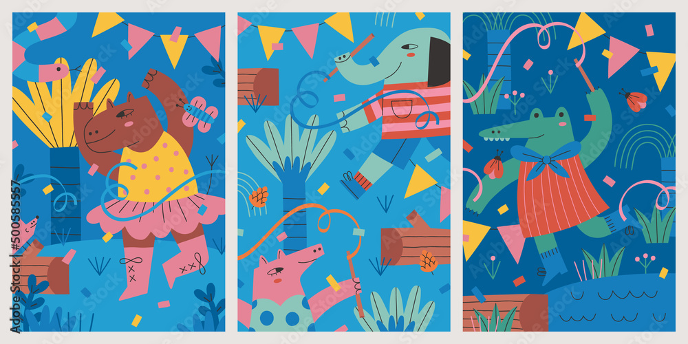 Set of birthday forest animal card poster illustration