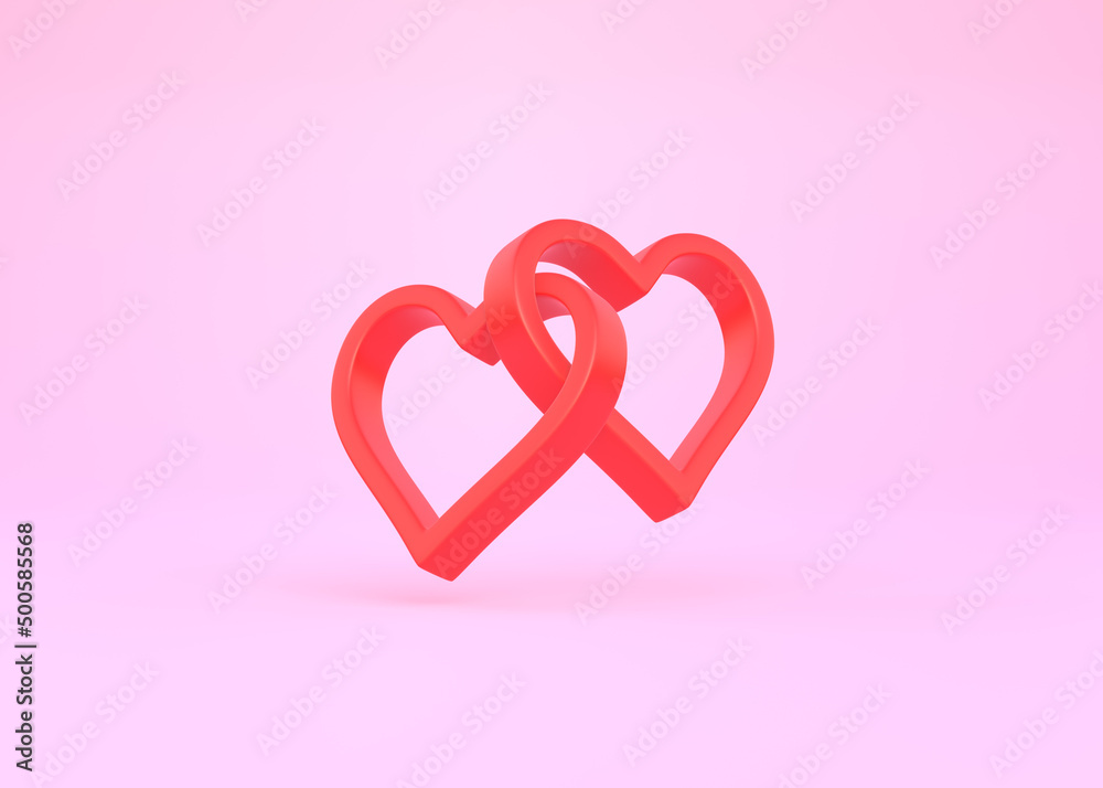 Two hearts connected to each other on a pink background. 3d rendering, 3d illustration