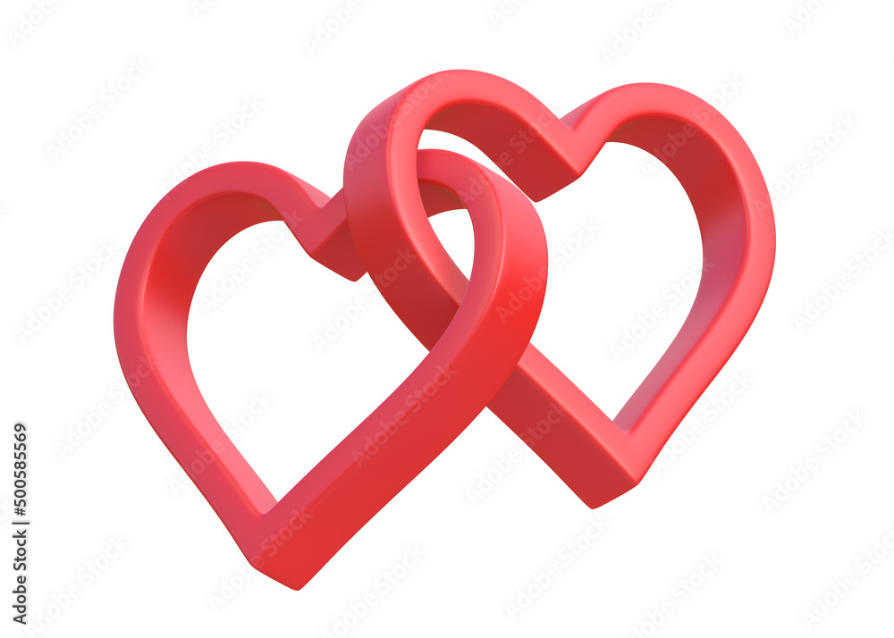 Two hearts connected to each other isolated on a white background. 3d rendering, 3d illustration