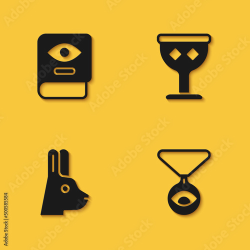 Set Ancient magic book, Medallion on chain with eye, Rabbit ears and Medieval goblet icon with long shadow. Vector