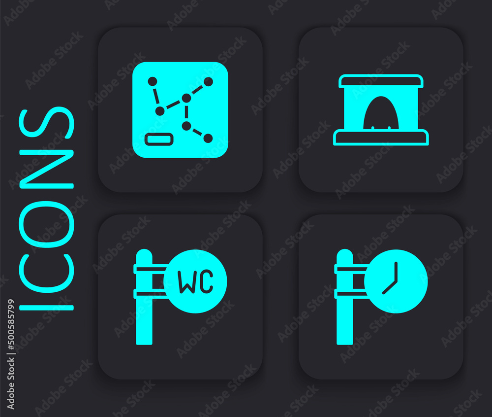 Set Train station clock, Railway map, tunnel and Toilet icon. Black square button. Vector Set Train station clock, Railway map, tunnel and Toilet icon. Black square button. Vector