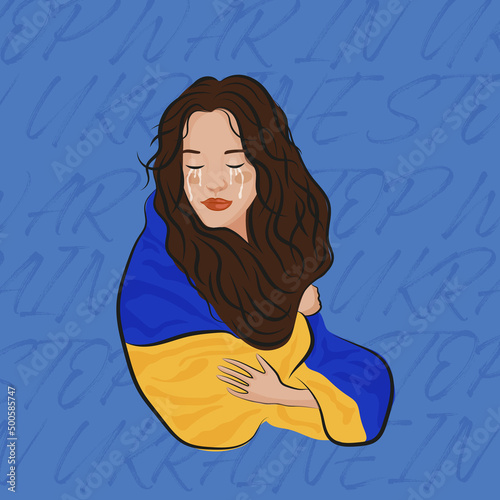 Ukrainian girl. Stop War in Ukraine. Ukraine War Poster. Vector Illustration.