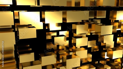 Golden abstraction with lots of flying rectangular cubes. Interesting abstract background with golden cubes on a black background. 3D rendering. 3D image. 3D illustration.