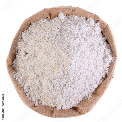 rye flour in a paper bag on a white background