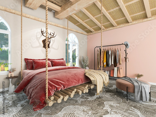 Foto 3D rendering, elegant and spacious bedroom design of modern apartment, overcoat