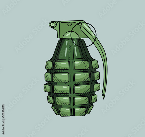 Green grenade. Comics, cartoon style with black outline. Lethal weapon.