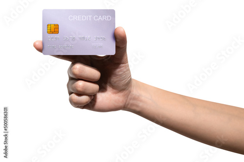 The woman's hand holds a silver platinum credit card isolated on white background.