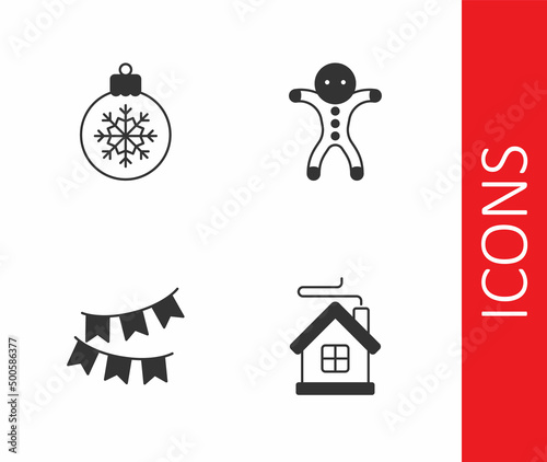 Set Merry Christmas house, ball, Carnival garland with flags and Holiday gingerbread man cookie icon. Vector