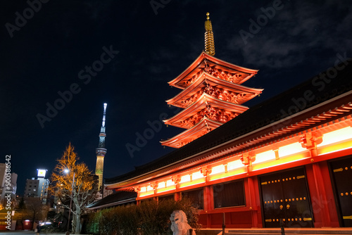 東京都 夜の浅草寺 五重塔