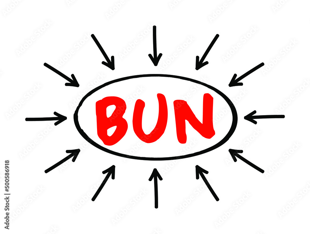 BUN Blood Urea Nitrogen - medical test that measures the amount of urea nitrogen found in blood, acronym text with arrows BUN Blood Urea Nitrogen - medical test that measures the amount of urea nitrogen found in blood, acronym text with arrows