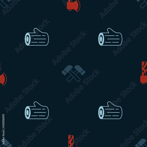 Set Wooden axe, Crossed hammer and log on seamless pattern. Vector