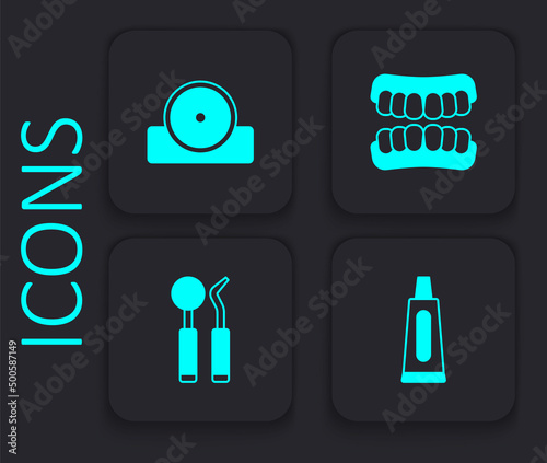 Set Tube of toothpaste, Otolaryngological head reflector, Dentures model and Dental mirror and probe icon. Black square button. Vector