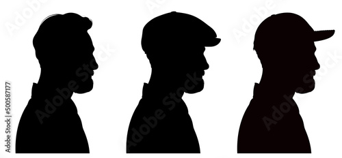 Three profile silhouettes of handsome bearded man wearing flat cap and peaked cap.  
