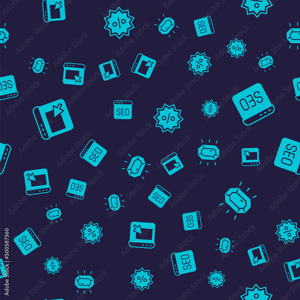 Set Advertising, SEO optimization, Discount percent tag and Diamond on seamless pattern. Vector