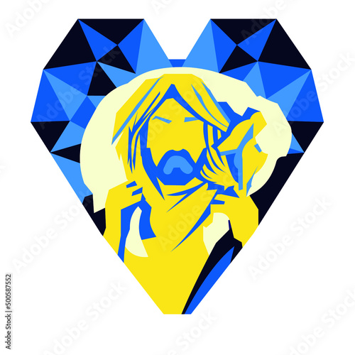 Blue and yellow colored heart shape graphic symbol with Jesus Good Shepheerd and lamb, ornate geometric triangles, isolated on white.
