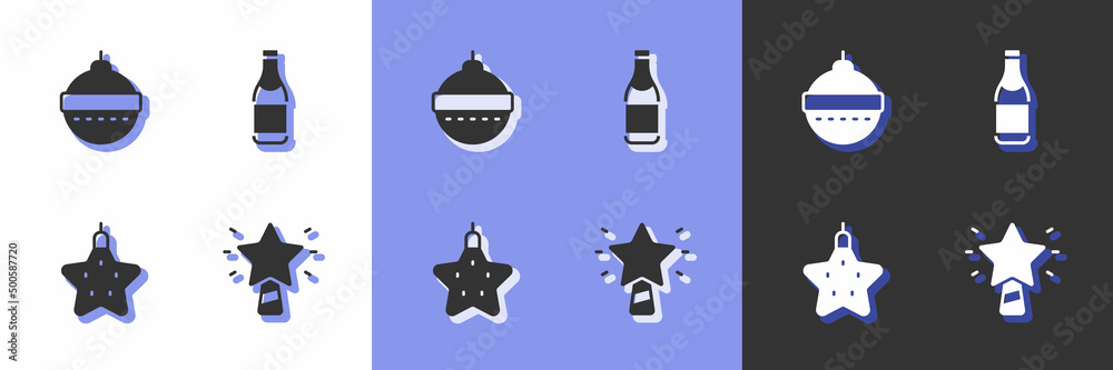 Set Christmas star, ball, and Champagne bottle icon. Vector Set Christmas star, ball, and Champagne bottle icon. Vector
