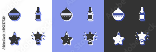 Set Christmas star, ball, and Champagne bottle icon. Vector