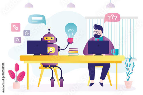 Robot proposes new business idea to colleague. Businessman working in team with artificial intelligence