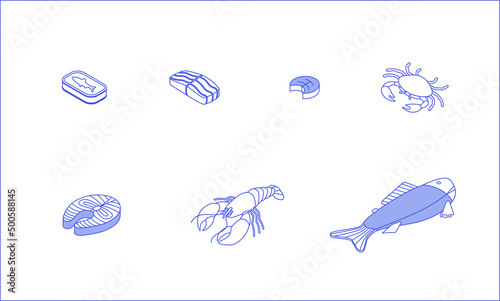Food set - fish, seafood, salmon, tuna, cod, lobster. Isometric vector illustration in flat design. Outline, linear style, line art. Meal preparation.