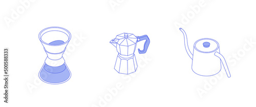 Coffee making set. Isometric vector illustration in flat design. Outline, linear style, line art. 