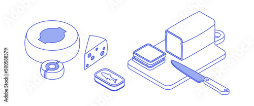 Food set - fish, meal, dish, dairy, cheese, bread. Isometric vector illustration in flat design. Outline, linear style, line art. Meal preparation.
