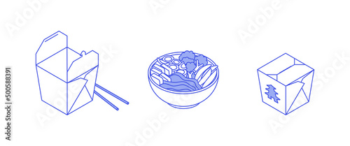 Food set - vegetables, meat, vegan, fish, meal, dish, power bowl, take out. Isometric vector illustration in flat design. Outline, linear style, line art. Meal preparation.