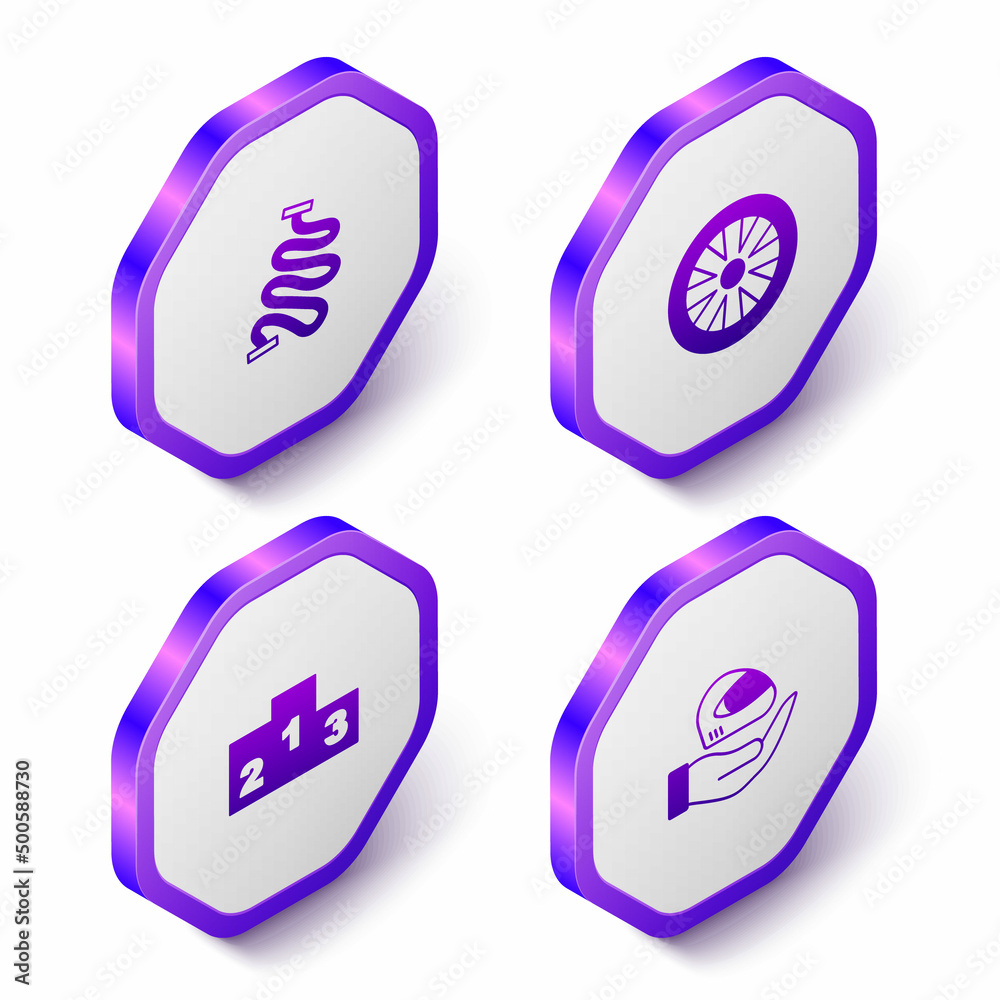 Set Isometric Racing track, Alloy wheel for car, Award over sports winner podium and helmet icon. Purple hexagon button. Vector