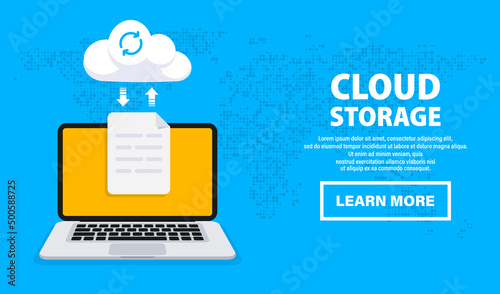 Cloud computing. Uploading process on computer screen. Cloud Data storage and processing. Backup concept. Network cloud service and hosting. Copying file