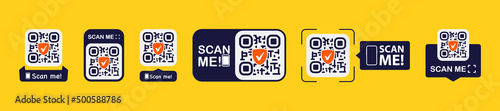 Set of QR codes with scan me inscription with phone. Qr code for payment, e-wallet, web, mobile app. UI UX design element. Inscription scan me. Barcode scan for smartphone. Mobile payment and identity