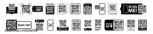 Set of QR codes with scan me inscription with phone. Qr code for payment, e-wallet, web, mobile app. UI UX design element. Inscription scan me. Barcode scan for smartphone. Mobile payment and identity photo